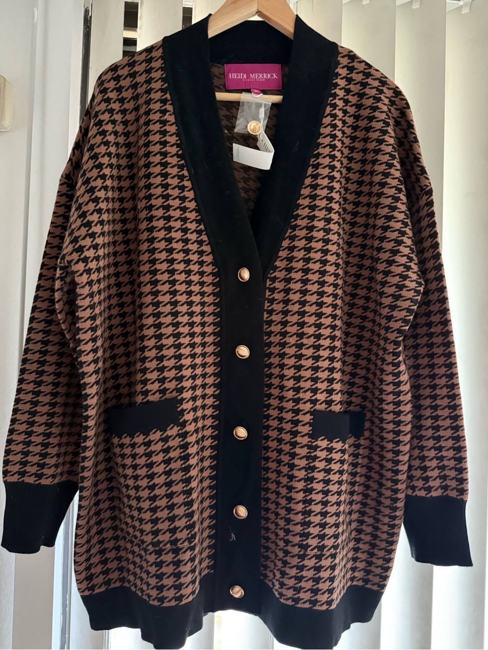 Heidi Merrick Plaid Cardigan Sweater XL NWT Brown Black Gold Buttons